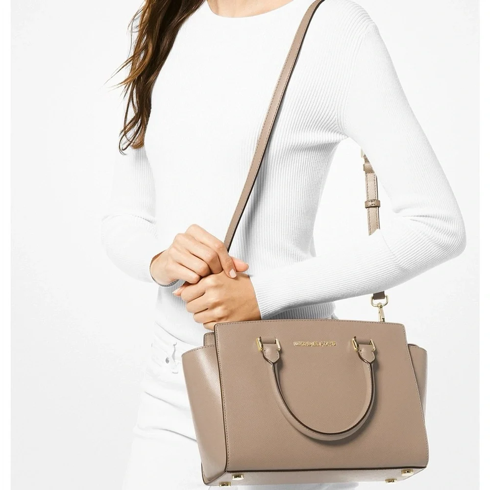 Michael Kors Tan Convertible Crossbody Leather Handbag Beige Satchel